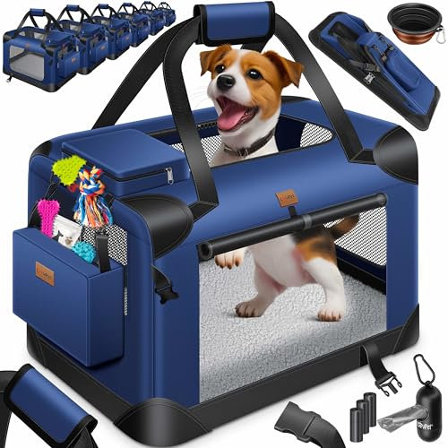 Lovpet® Transportbox Hund Katze Transporttasche XL 81,3x58,4x58,4cm | Hunde-Tragetasche Faltbare Katzentasche | Haustier-Transportbox inkl. Hundenapf & Schultergurt | für Katzen & Hunde Navyblau