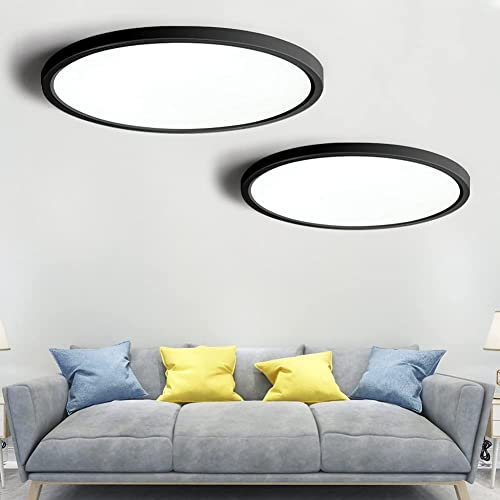 2-Pack LED Flush Mount Ceiling Light, 5000K Daylight White Bathroom Light, 3200LM, Flat Modern Round Lighting, 12in/30cm 240W Equivalent Black Ceiling Lamp for Kitchens, Bedrooms, Hallway.etc