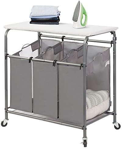 STORAGE MANIAC Wäschesortierer mit 3 Abschnitten mit faltbarem Bügelbrett, robuster Roll-Wäschewagen mit und abnehmbaren Taschen, Dreifach-Wäschekorb mit Rollen, Dunkelgrau