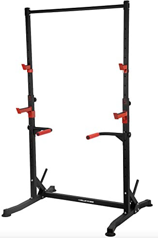 Squat Rack v2/Barre de Traction Ajustable/Barre Fixe/Developper couché/Pull up Bar/Cage à Squat/DIPS BAR, en Métal, noir