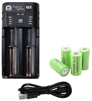 Professor Optiken Universal-Batterie-Ladegerät/für Lithium-Ionen (Li-Ion) und Nickel-Metall Akkus (NI-MH), 1-2A, 2er/2-fach - Yonii Q2 (inkl. 4er-Set / 4X Akku - Typ: 16340 / CR123)