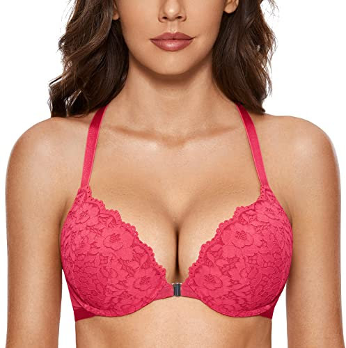 DOBREVA Damen Vorderverschluss BH mit Bügel Push Up Spitzen Neckholder BHS Racerback Tiefer Ausschnitt Gepolsterter Helle Rose 85C