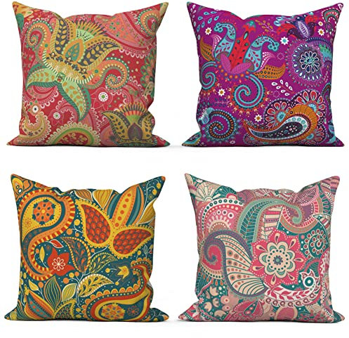 ASDCXZ Kissenbezug Boho 50x50 cm 4er Set, Boho Style Blume Textur Muster Rot Gelb Lila Sofa Dekokissen Kissenbezüge Kissenhülle Waschbar Polyester Flachs Textil Polster Kopfkissenbezug Kissen Bezug