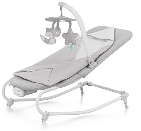 Kinderkraft FELIO2 Hamaca Bebé, Balancín, Silla mecedora con manta envolvente, mosquitera y arco con 3 juguetes, vibraciones, 8 músicas, extremadamente ligera, Gris