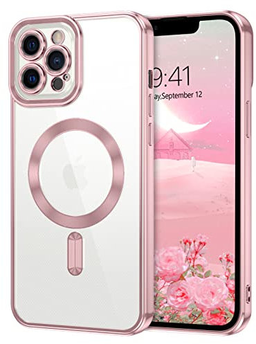 DUEDUE Clear Case for iPhone 13 Pro Max Magnetic [Compatible with Magsafe] Wireless Charging Shockproof Protection, Scratch-Resistant, Clear Phone Cover Men Women Case for iPhone 13 Pro Max 6.7, Pink