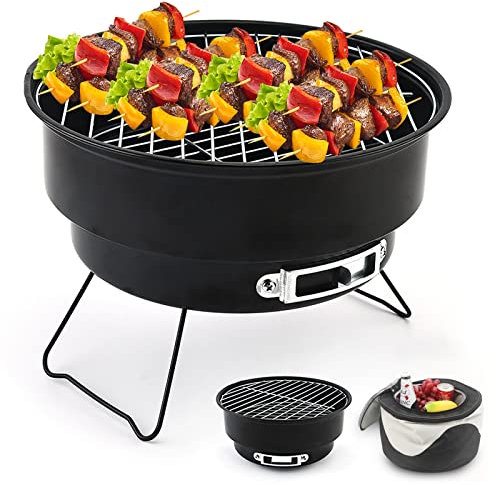 Shineyoo Portable BBQ Grill - Small Charcoal Barbecue with Insulated Bag for Camping, Outdoor, Travel & Garden - Black, 26 × 26 ×18cm