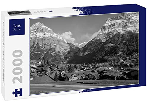 Lais Puzzle Panoramablick auf das schöne Bergdorf Grindelwald in der Schweiz in schwarz weiß 2000 Teile