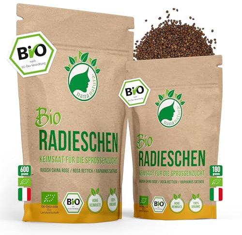 NanaNatura's Graines à Germer Bio | pour la Culture de Pousses | avec un taux de germination supérieur | Microgreens (Radis Bio, 180g)