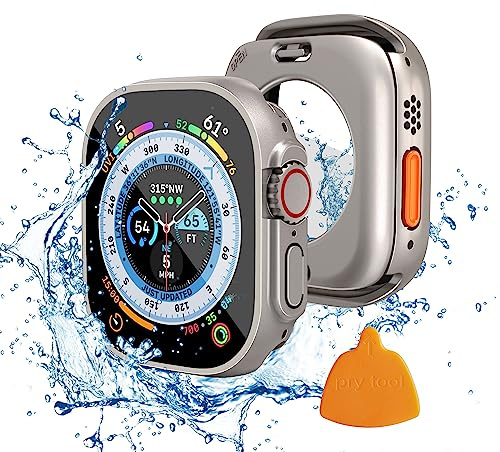 Yolovie 2 in 1 wasserdichte Hülle Kompatibel für Apple Watch Ultra 3/Ultra 2/Ultra 49mm Displayschutz, iWatch Zubehör Glas PC Hard Schutz Case Schutzhülle, Hinterer Rahmen Gehäuse, Titan