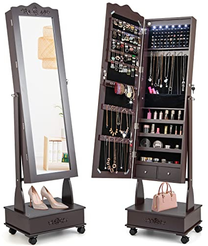 HOMASIS 2 in 1 Schmuckschrank mit Ganzkörperspiegel & LEDs, 360°beweglicher Schmuckregal mit 3 Schubladen & 4 Ablagen aus Holz, abschließbarer Spiegelschrank mit Kettenhaken & Ringverschluss (Braun)