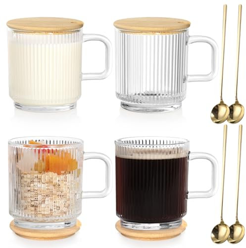 Anhow 4pcs Vasos de Vidrio, Tazas Desayuno Mugs Café con Tapa y Juego de Cuchara para Leche, Café, Avena, Yogurt, Tazas de Té Vintage- 350ml, Transparente
