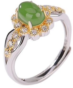 Lllunimon Natürliche Hetian Jade Ring für Frau, zierliche Lucky Green Jade verstellbare Ringe für Frau Mädchen Mama (925 Sterling Silber vergoldet)