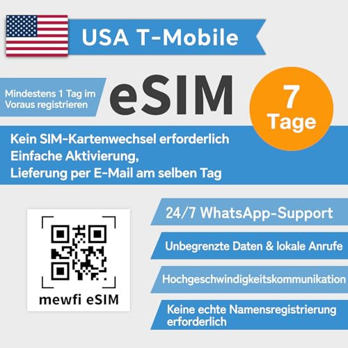 USA eSIM T-Mobile 7 Tage, Aktivierung erforderlich, USA-SIM-Karte für eSIM-kompatible freigeschaltete Geräte, unbegrenzte Daten und Ortsgespräche, 4G/5G Hochgeschwindigkeits-Kommunikationsnetz