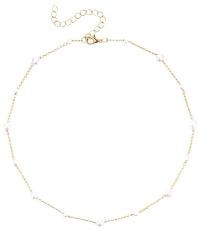 LuLiyLdJ Perlen Kette Damen Frauen Gold Halskette mit Süßwasserperlen Mädchen Teenager Weiße Perle Choker Kette für Freundin Strang Hochzeit, Kette Perlen, Damen Kette Gold, 1 Stück