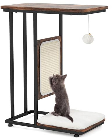 GOPLUS Table d'Appoint avec Griffoir pour Chat, Coussin Lavable Amovible, Boule Pompon Tintante, Table d'Appoint en Forme de C Style Moderne pour Chat, 50x30x64cm