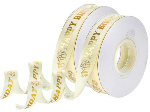 40m Happy Birthday Satinband, 2 Stück Heißprägen Geschenkband Gold 2cm Geburtstag Band Weiß & Gold für Kuchen, Strauß, Geschenkverpackung
