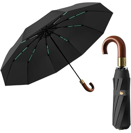 Luxurious Folding Umbrella for Men Travel Portable Golf/Car Backpack/Automatic Open/Close Coating Layer Fabric Blocking/Rain Sun Anti UPF 50 UV Protection 99.9% Crook Real Wooden J Handle