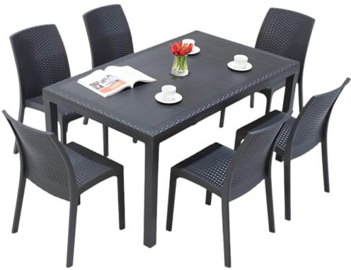 Tomaino - Ensemble table et 6 chaises de jardin empilables en plastique - Chaise et table pour extérieur, salle à manger, 6 places, polypropylène effet rotin - 150 x 90 x 74 h cm - Pour balcon,