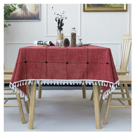 Lieson Tischdecke Rechteckig 140x220 cm, Baumwolle Leinen Tischtuch Abwaschbar Kariert mit Fransen Tischwäsche für Esszimmer, Garten, Hochzeiten, Rot