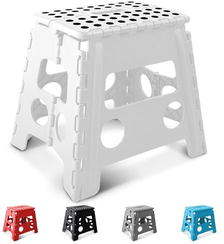 KEPLIN 13 Inch Heavy Duty Folding Step Stool | Non-Slip Foldable Footstool for Toddlers, Children & Adults | Portable, Lightweight Plastic Footstep w/Carrying Handle for Indoor or Outdoor (White)