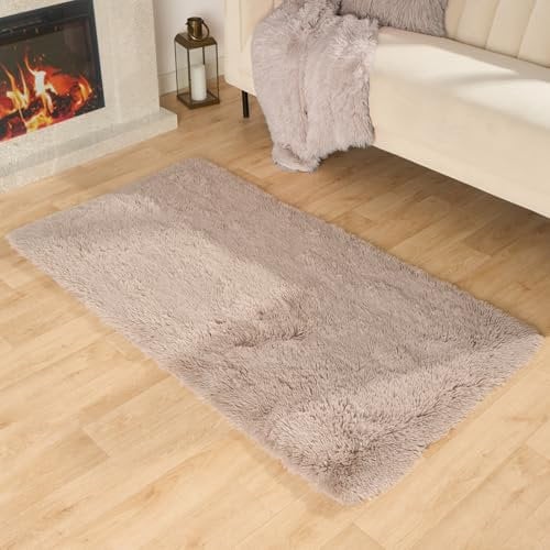 Sienna Natural Beige Rug for Living Room, Super Soft Anti-Slip Small Rugs for Bedroom Modern Fluffy Shaggy Area Rug Thick Pile Non-Shedding Floor Carpet, 80 x 150cm