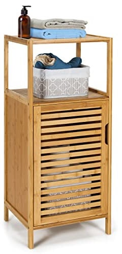 COSTWAY Bamboo Bathroom Storage Cabinet, Freestanding Narrow Cupboard with Single Shutter Door and Open Shelf, Slim Bathroom Unit Side Floor Cabinet for Living Room Hallway, 36x33x87cm, Natural