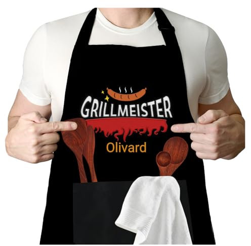 NGTSFLY Kochschürze - Personalisierte Schürze Grillschürze mit Ihrem Wunsch-Namen und Wunsch Motiv - Wasserdicht Schürze mit 2 Taschen - Küchenschürze für Männer Damen Geschenk (Schwarz)