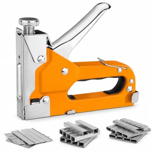 3-in-1 Heftgerät für Holz und Tapeten – Tacker mit 600 Heftklammern Typ D, U, T – ergonomisches Heimwerker-Werkzeug – langlebig und einfach zu bedienen – Orange