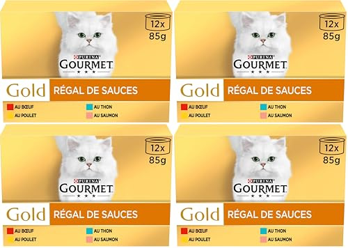 GOURMET Gold, Régal De Sauces, Boite, Chat, Bœuf, Poulet, Saumon, Thon, 12 x 85 g (Lot de 4)