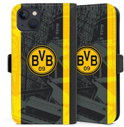 Klapphülle kompatibel mit Apple iPhone 13 Handyhülle aus Kunst Leder schwarz Flip Case Borussia Dortmund BVB Stadion