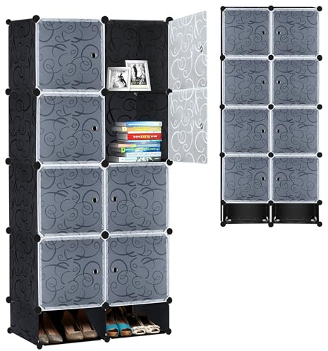 SUBTLETY Regalsystem Kleiderschrank PP Kunststoff Würfelregal mit Türen 70x35x157cm DIY Garderobenschrank Steckregal Aufbewahrung Boxen von Kleidung Schuhen Büchern Spielzeug (Schwarz, 8 Fächer)