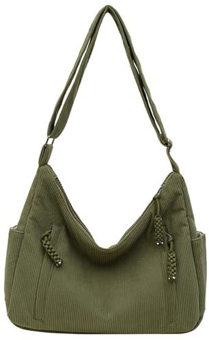 VOKUVIKU Unisex Cord Tasche Umhängetasche Schultertasche groß Damen Shopper Tasche Fashion Stofftasche für Alltag Büro Schule Reisen, Grün