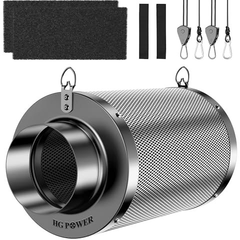 HG Power Filtro a Carbone Attivo 100mm, Lunghezza 250mm – Carbone Attivo Vergine Australiano 38mm, Controllo degli odori per Grow Box, idroponica & Ventilatore da Condotto, con 2 Pre-filtri