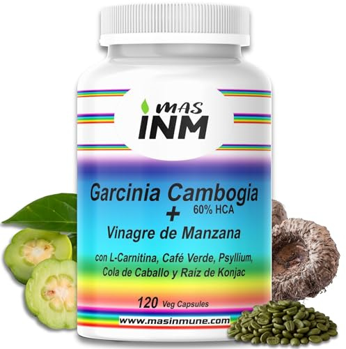 Garcinia Cambogia 60% HCA - Quemagrasas Natural con Vinagre de Manzana - L-Carnitina – Glucomanano - Suplemento para Pérdida de Peso – Efecto Termogénico Fat Burner - 120 Cápsulas – Masinmune.