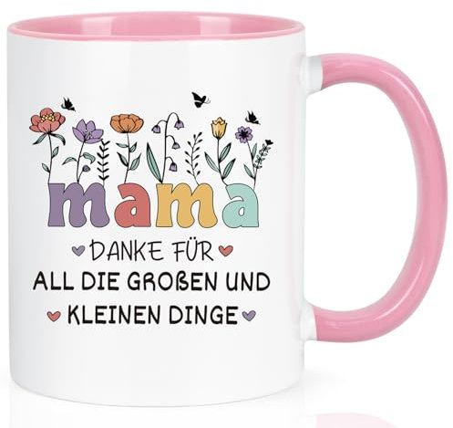 Joymaking Kaffeetasse Geschenk für Mama zum Geburtstag Muttertag Weihnachtsgeschenke, Beste Mama Geschenk Muttertagsgeschenk Tasse mit Spruch Danke für all die großen und kleinen Dinge, 320ml Rosa