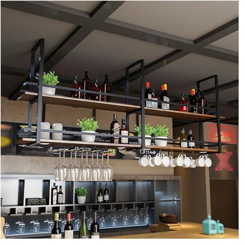 Porte-bouteilles industriel 2 en 1 à suspendre avec support pour verre à vin, support de bouteille de plafond, parfait pour les amateurs de vin, noir, 100 x