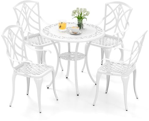 GOPLUS 5PCS Ensemble de Bistrot pour Jardin en Fonte Aluminium, 4 Chaises et 1 Table Ronde avec Trou de Parasol, Ensemble Salon de Jardin pour Balcon, Patio, Charge 150/120 KG, Blanc