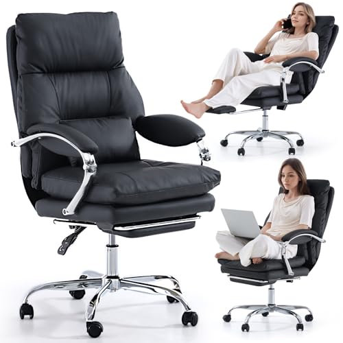 LEAGOO Home Office Desk Chairs with Foot Rest, Fully Reclining Ergonomic Executive Office Chair with Armrests, High Back PU Leather Comfy Swivel Computer Chair with Wheels and Lumbar Support, Black