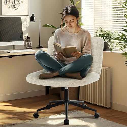 Hellove Bürostuhl Schreibtischstuhl mit breiter Sitzfläche, Ergonomischer Schneidersitz Stuhl ohne Armlehnen Höhenverstellbarer Schneidersitz Drehstuhl für Home Office, Beige