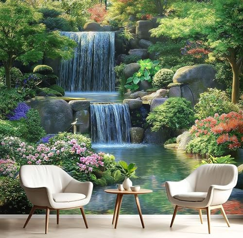 MIATCENRT Large Pond Waterfall Wall Art Silk Cloth Wallpaper, 3D Japanese Garden Custom Mural for Bedroom Living Room Office Home Backdrop Decor, 200x150cm (WxH) Background Wall Painting, Green