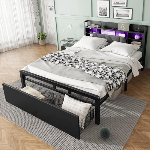 RIAZOS 4ft6 Double Metal Bed, Iron Bed, with Multi-color LED Strip Lights and Charging Port: 2 A-Type and 1 C-Type, Two Drawers with Wheels, Soft-Padded Headboard with Storage Space, 135x190cm, Black