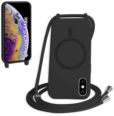 FMPCUON Magnetisch Handykette für iPhone XS Max Hülle,Necklace Hülle mit Bands Handyhülle für zum Umhängen Kordel,kompatibel mit Magsafe Silikon Case mit Handykordel,Schwarz