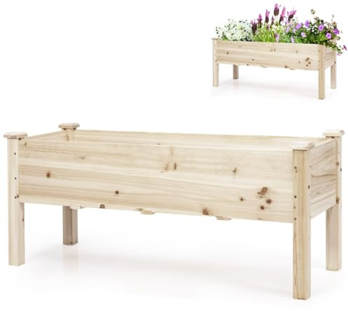 GiantexUK Wooden Raised Garden Bed, Elevated Planter Box with Storage Shelf, Plants Vegetables Herbs Flowers Planting Stand Holder for Balcony Courtyard Patio (119x42x51cm, without Shelf, Natural)
