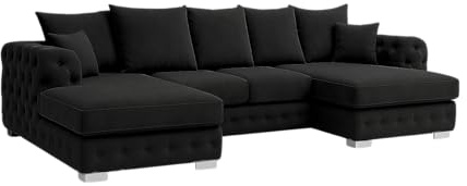 Sofaya U Shape Chesterfield Sofa Scatter Back Sectional Chaise Sofa with Deep Button Tufting – Upholstered Fabric Couch with Cushions – Modern 6-Seater Sofa for Living Rooms (Black, U Shape Sofa)