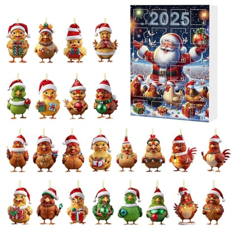 Rrlihjgu Huhn Ornamente für Weihnachtsbaum – 2D-Huhn aus Acryl, festlich, Tier-Charme, Adventskalender 2024, Countdown, 24 Tage für Dekoration