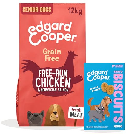 Edgard & Cooper Hundefutter Trockenfutter Senior Huhn & Lachs Getreidefrei 12kg + Lachs Hundekekse 1x400g - Trockenfutter & Leckerli Bundle