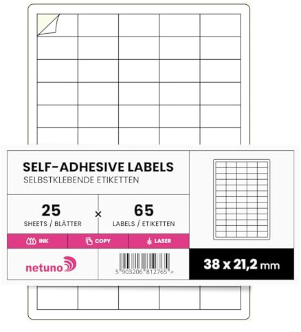 Netuno 25 Blatt DIN A4 weiße Etiketten klein selbstklebend 3,8 x 2,12 cm (65 Stück pro Blatt) kleine matte Aufkleber zum bedrucken beschriften Sticker Adressetiketten Haushaltsetiketten