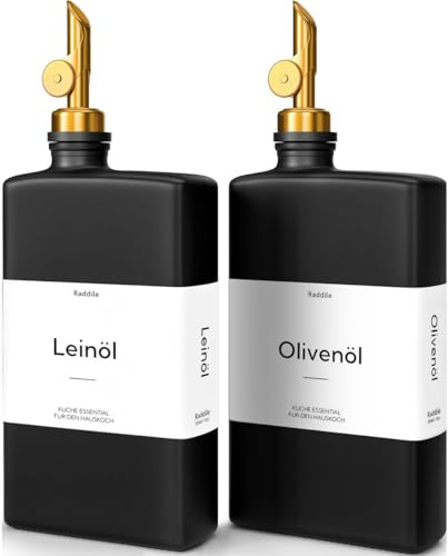 Raddile Ölflasche Set, Ölspender mit Edelstahl Ausgießer, 350ml(2er-Pack) | Küche Essig und Ölflaschen Set, Olivenöl Flasche, 40 Aufkleber, Trichter, Glas Ölspender für Kochen, Salat und Grillen