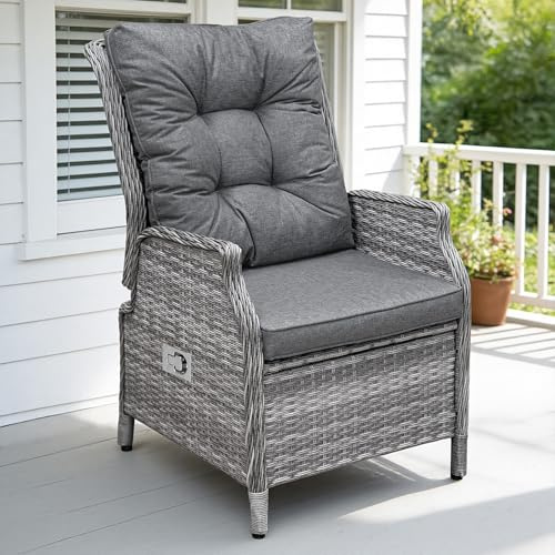 COMLAX FIELD Wicker Garden Rattan Chair with Adjustable Backrest for Dining | Reclining Armchair, Heavy Duty Lounger Furniture, with Wide Armrest Thick Cushion, for Outdoor/Patio/Balcony/Dining/Indoor