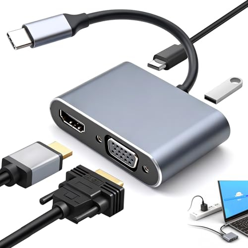 4-in-1 USB C to VGA HDMI Adapter 4K 1080P Multiport Hub for Laptop 100W PD Fast Charging 5Gbps USB 3.0 Data Port for MacBook Pro/Air Chromebook Pixel Dell XPS HP Samsung Galaxy Huawei and More